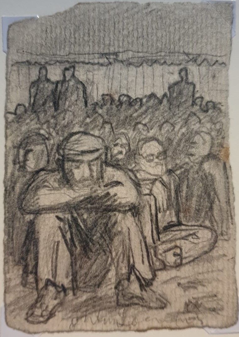 Юло Соостер. Сидящий мужчина и толпа. 1950. Бумага, карандаш. Из частного собрания