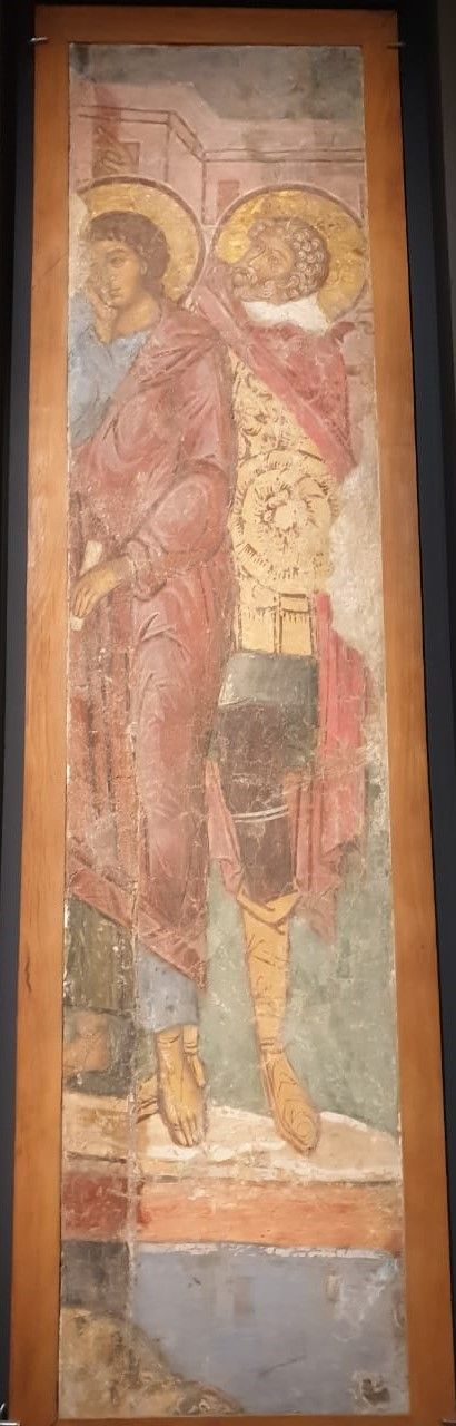 Иоанн Богослов и сотник Лонгин. Фрагмент композиции Распятие. Фреска. 1654. Реставрация под руководством А.С.Кузнецова. 1967-1969