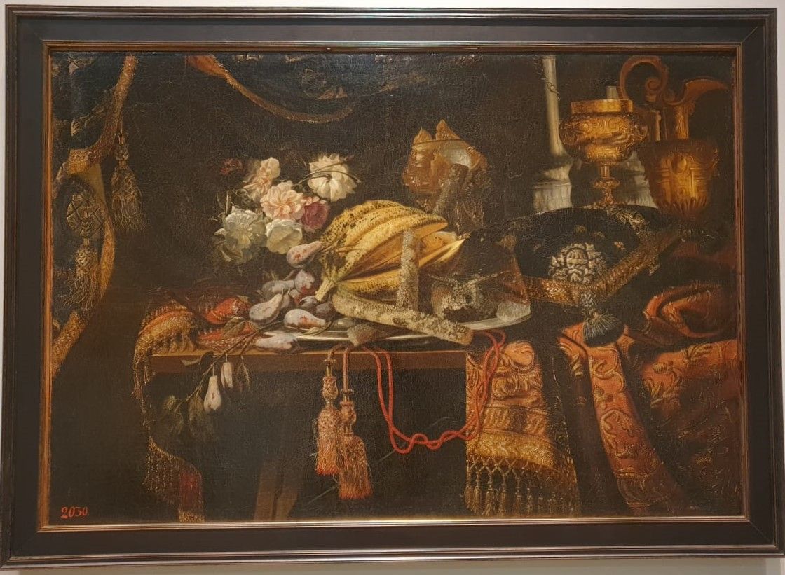 Антонио Тибальди 1635-упоминаетдя до 1675 Натюрморт с ковром, розами, сладостями на серебряном блюде и подушкой