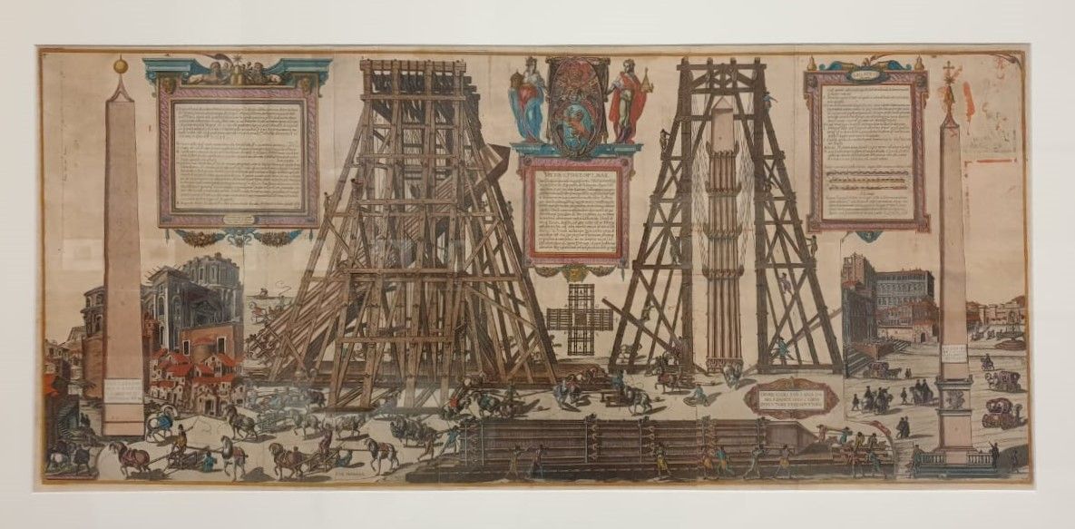 Натале Бонифачио (15371538 - 1592) и Доменико Фонтана (1543-1607) Изображение способа перевозки Обелиска, в просторечии называемого Иглой, из отдаленного места за церковью Сан Пьетро на площадь напротив главных врат той же церкви. 1586 Резец, гуашь Собрание М.Б.Атаянца