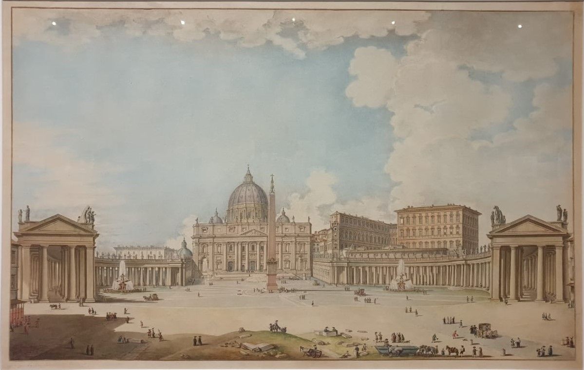 Франческо Панини (1745-1812) Собор Святого Петра. Утро. офорт коричневым тоном, акварель, золотая краска