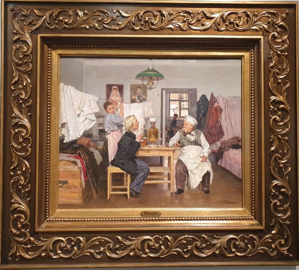 В.Маковский Беседа. Идеалист-практик и материалист-теоретик 1900. дерево, масло. Русский музей