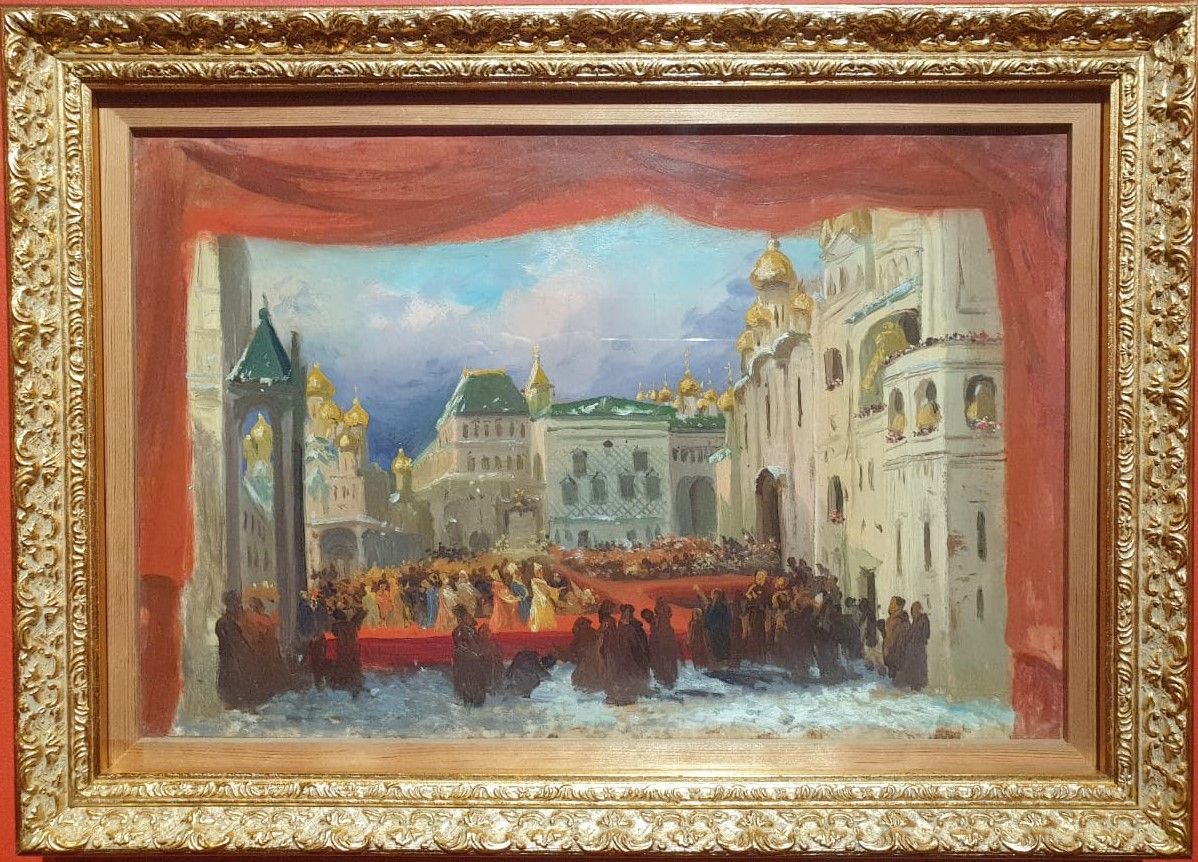 М.И.Бочаров Эскиз декорации к опере "Борис Годунов" М.П.Мусоргского. Санкт-Петербург, Императорский Мариинский театр, 1870. Бумага на картоне, масло