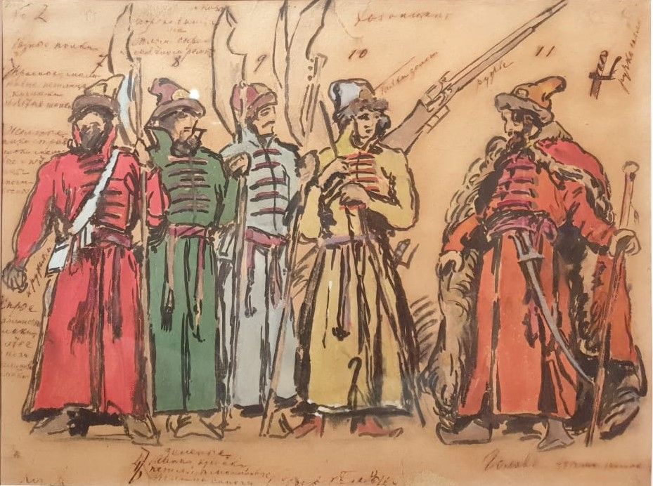 К.А.Коровин Эскиз костюмов к опере "Хованщина". Режиссер Ф.И.Шаляпин. Москва,Императорский Большой театр, 1910-1912. Бумага, карандаш, акварель, белила, бронзовая и серебряная краска