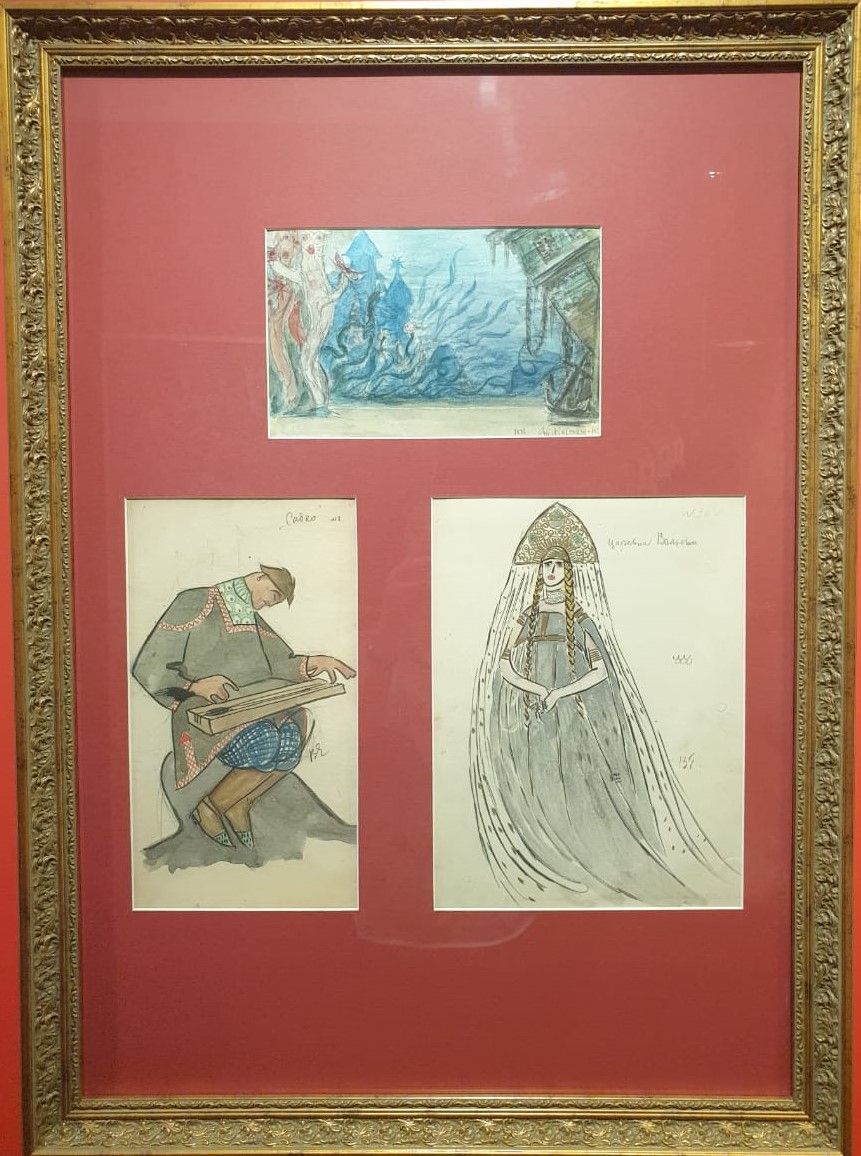 А.М.Васнецов. Подводное царство. Эскиз декорации к опере "Садко". Санкт-Петербург, Императорский Мариинский театр, 1898. Бумага, графитный карандаш, акварель. В.Е.Егоров Садко-гусляр. Волхова. Эскизы костюмов к опере "Садко". Москва, Опера С.И.Зимина, 1912. картон, карандаш, акварель