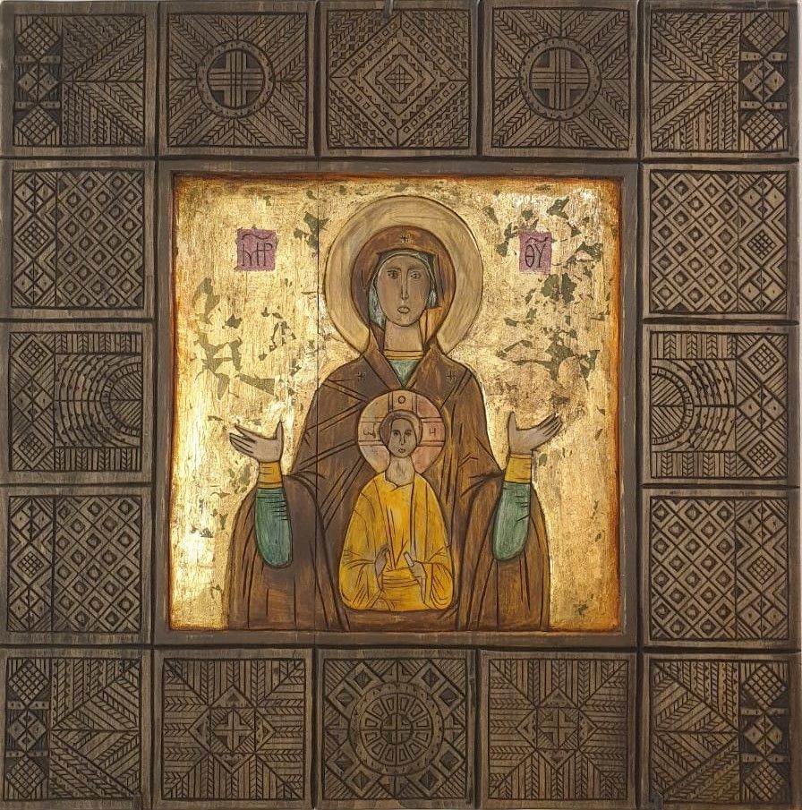 Юрий Безобразов Икона Знамение. Дерево, темпера, акрил, масло, уголь, поталь. 2022