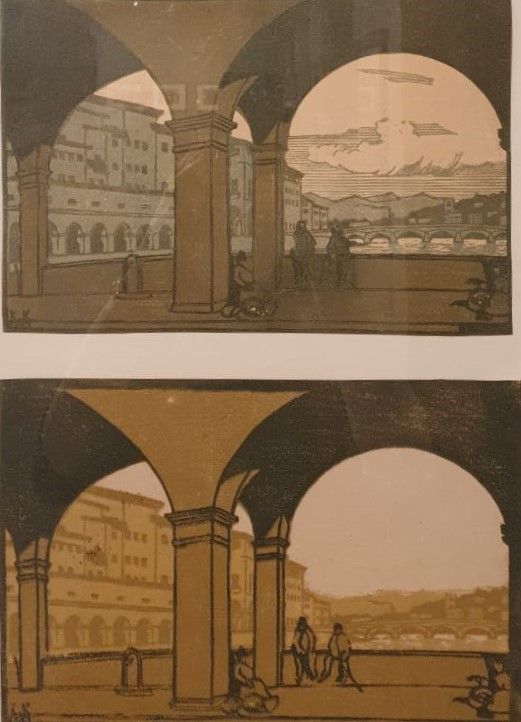 Константин Костенко Аркады Понте Веккьо  1923 бумага, цветная линогравюра