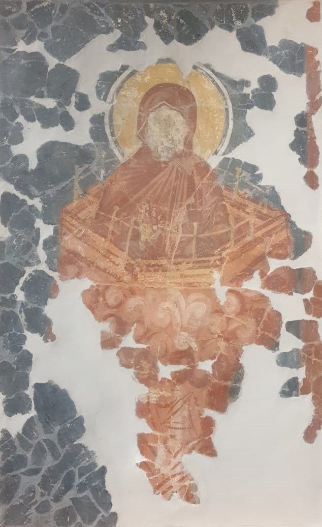 Церковь Спаса Преображения на Ковалеве Настенная живопись Столпник 1380 известковое основание, титан, минеральные краски, фреско-темпера