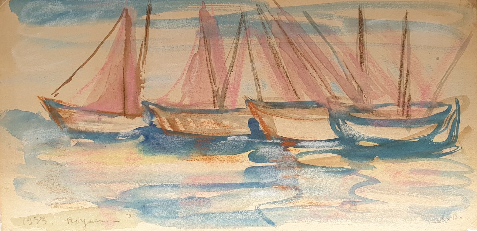 Александра Кольцова-Бычкова. Лодки в Руане.  1928-1932 бумага, пастель, гуашь