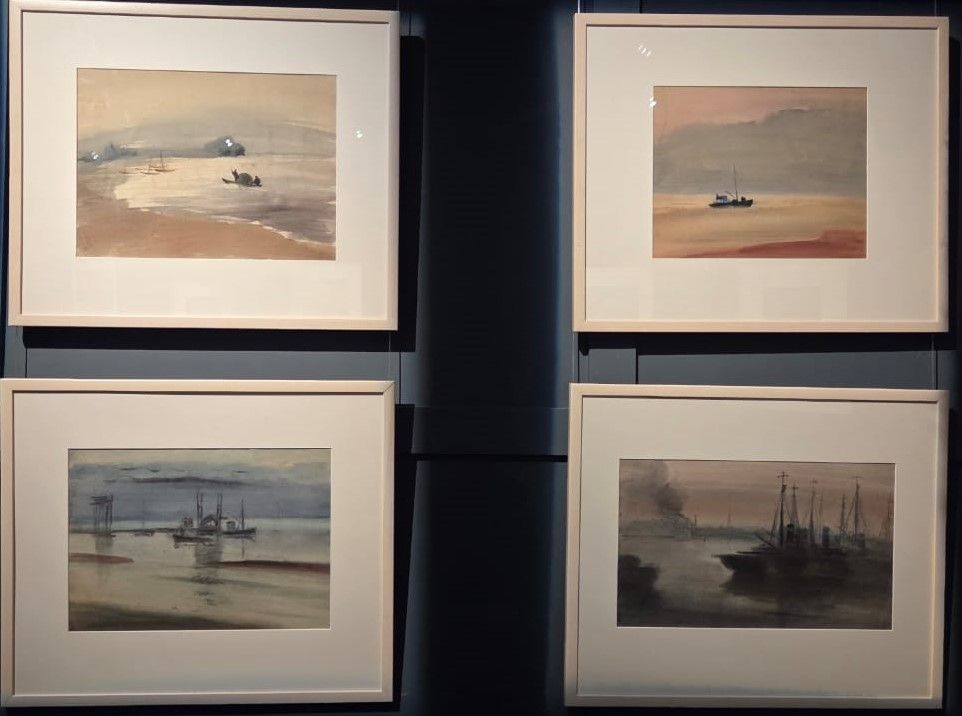 На реке. Конец 1930-х Корабли на реке. 1940-е. Одинокий корабль. 1950-е. Корабли в порту. 1940-е. Бумага, акварель