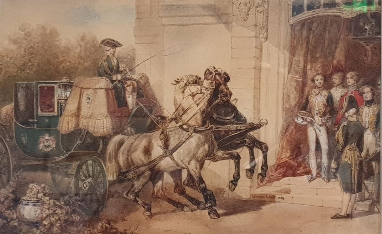 Эжен Лами Карета у подъезда 1839 бумага желтоватая, акварель, белила по подготовке графитным карандашом