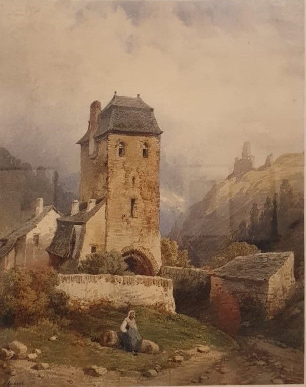Жан Батист Луи Гюбер 1801-не ранее 1865 Башня в горах Бумага, акварель