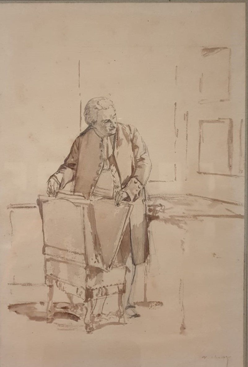 Виктор Шаве 1822-1906 Коллекционер бумага желтоватая, графитный карандаш, кисть коричневым тоном