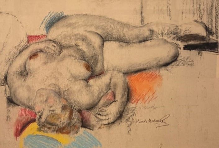 Лежащая натурщица. 1908. бумага, уголь, пастель