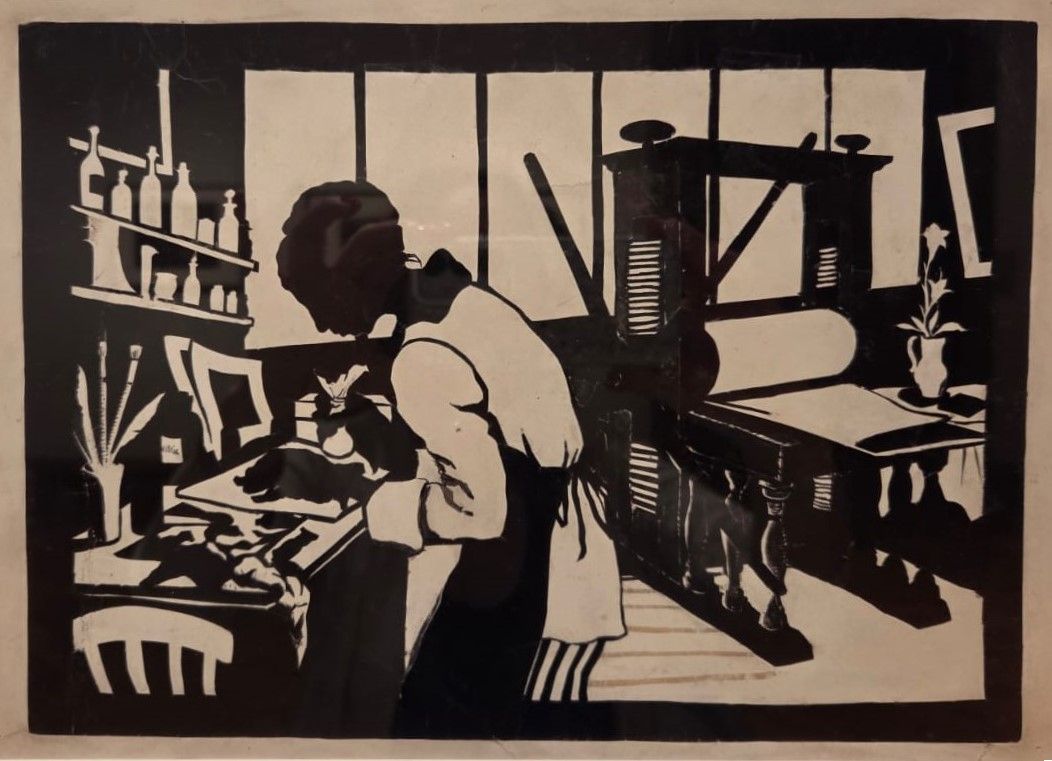 Елизавета Кругликова. Печатание офорта. Автопортрет. 1915 бумага черная и желтая, наклеенная на картон, тушь, кисть