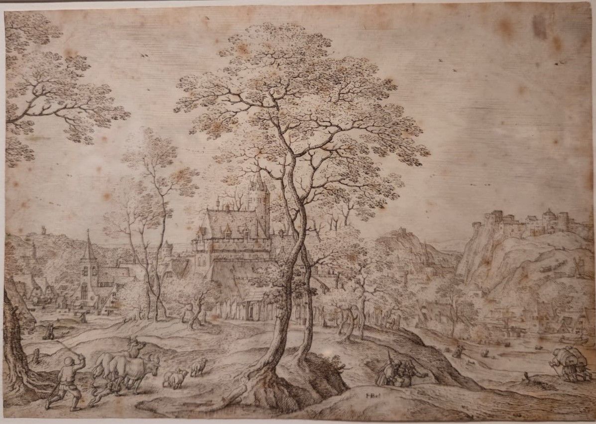 Ханс Бол. Пейзаж с замком и погонщиком стада. 1560-1561. перо, коричневые чернила