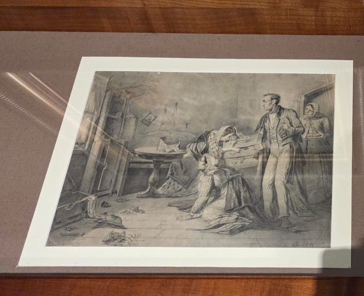 Василий Перов. Ограбленные в Пасхальную ночь. 1861 бумага, наклеенная на картон, графитный карандаш, сангина, растушка