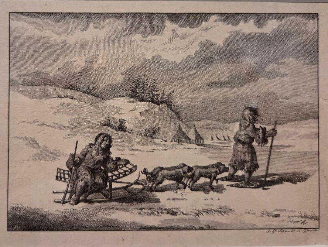 Иоганн Готфрид Шмидт. 1764-1803 Камчатская собачья упряжка. Вторая половина XVIII По гравюре Жан-Батиста Тильяра по оригиналу Жан-Батиста Лепренса. Бумага, офорт
