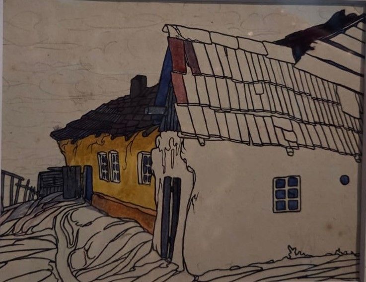 Яков Чернихов. Эскиз. Вид деревенской улицы Бумага, каранадаш, тушь, акварель 1917