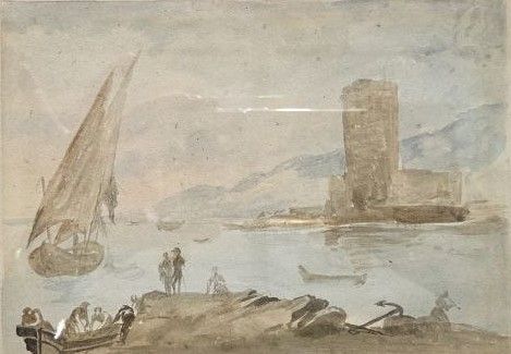 Тропинин В.А. Морской пейзаж с рыбаками и лодками у берега 1810-е бумага, акварель