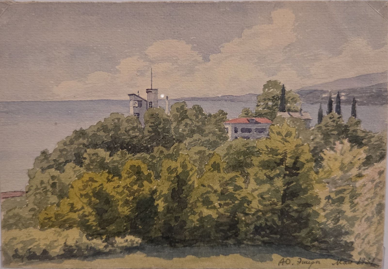 Андрей Юмашев. Пейзаж с башней 1931 бумага, акварель