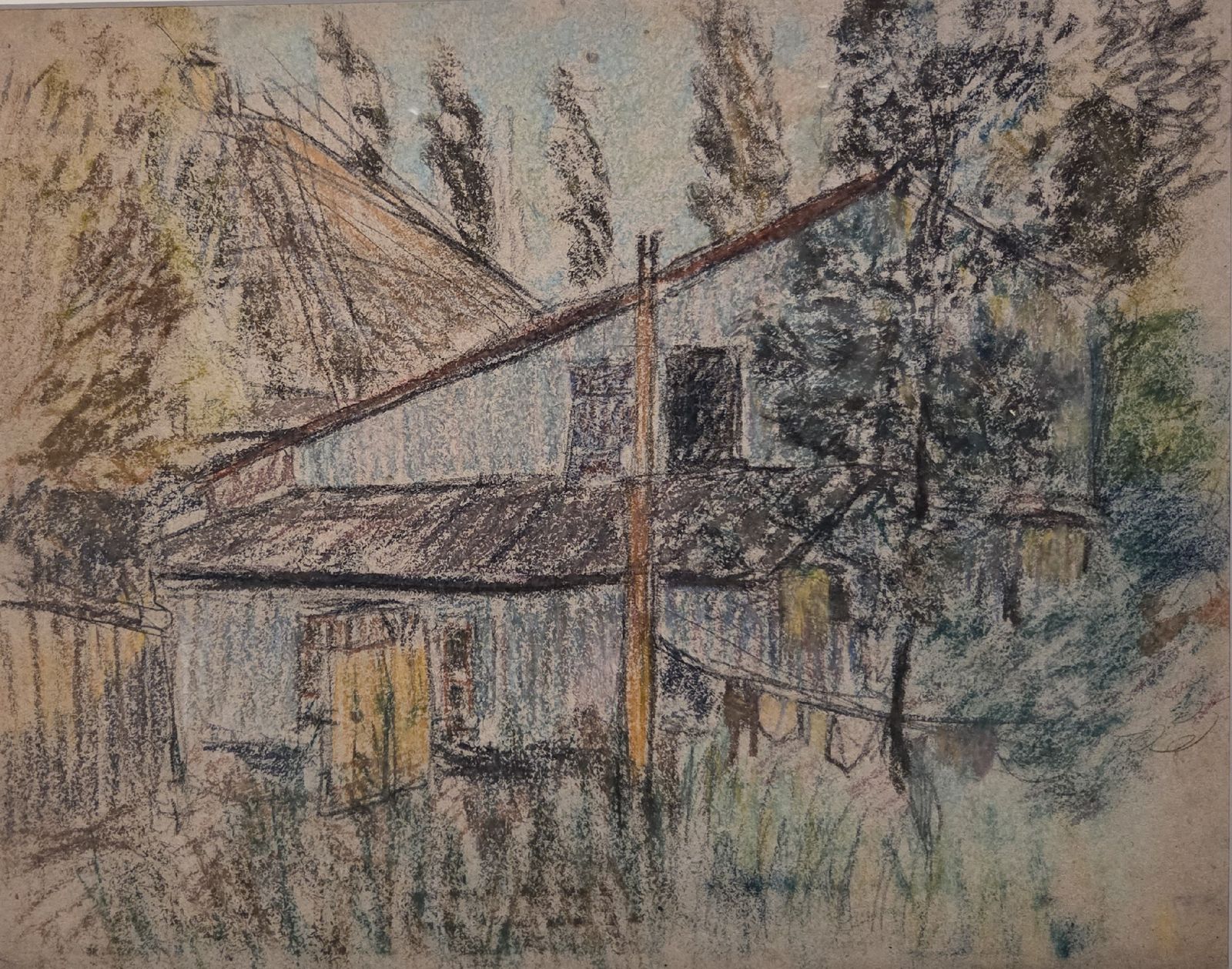 Михаил Ларионов. Двор с развешанным бельем. 1900-е бумага, пастель