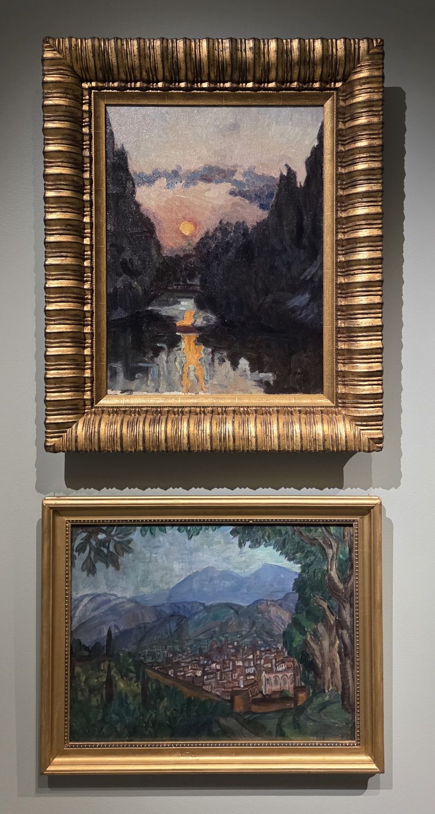 Лев Бакст. Сумерки над озером 1909 холст, масло. Александр Ромм. Тосканский пейзаж 1914 картон, масло