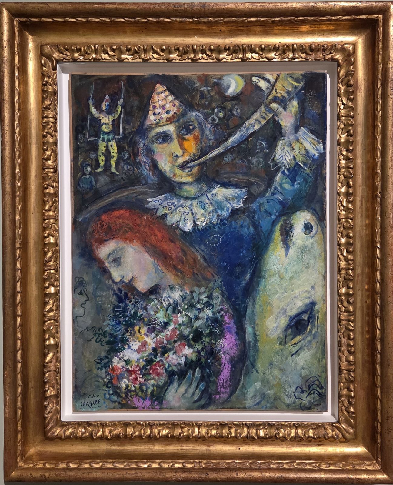Марк Шагал. В цирке (Клоун с трубой) 1959-1968 бумага на холсте, масло, гуашь